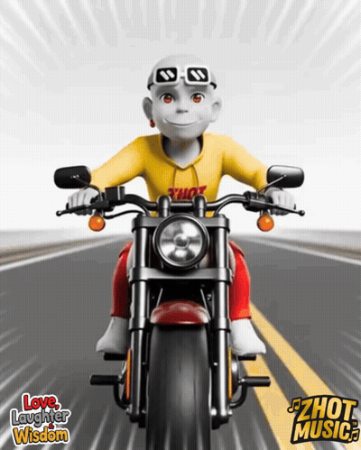 A Cartoon Character Is Riding A Motorcycle With The Words Love Laughter Wisdom On The Bottom Right GIF