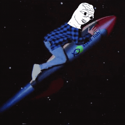 A Cartoon Character Is Riding A Rocket That Says Stake Fish GIF