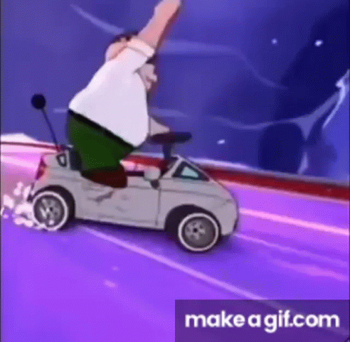 A Cartoon Character Is Riding A Small Car On A Purple Road . GIF