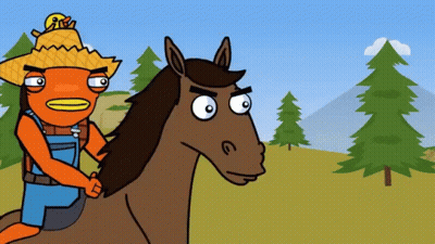 A Cartoon Character Is Riding On The Back Of A Brown Horse With A Straw Hat On GIF