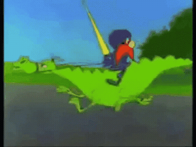 A Cartoon Character Is Riding On The Back Of A Green Dinosaur . GIF