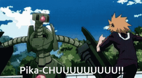 A Cartoon Character Is Running Away From A Robot That Says Pika-Chuuuuuuuu !! GIF