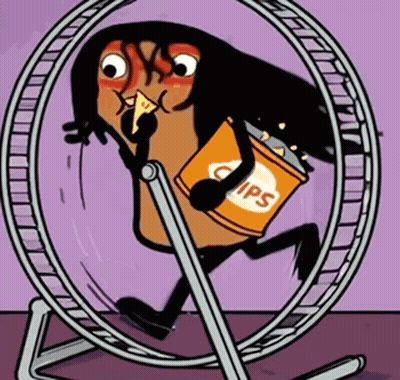 A Cartoon Character Is Running In A Hamster Wheel With A Can Of Chips GIF
