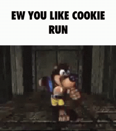 A Cartoon Character Is Running In A Video Game With The Words `` Ew You Like Cookie Run '' Written On The Bottom . GIF