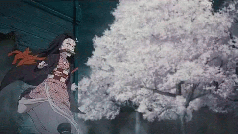 A Cartoon Character Is Running In Front Of A Cherry Blossom Tree GIF