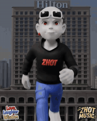 A Cartoon Character Is Running In Front Of A Large Hilton Hotel GIF