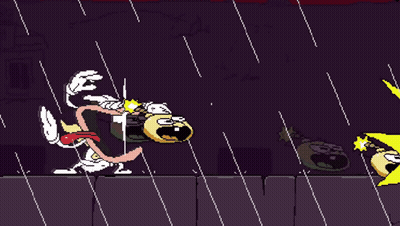 A Cartoon Character Is Running In The Rain With A Yellow Object In The Background GIF