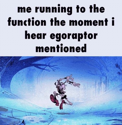 A Cartoon Character Is Running In The Snow With The Caption " Me Running To The Function The Moment I Hear Egoraptor Men GIF