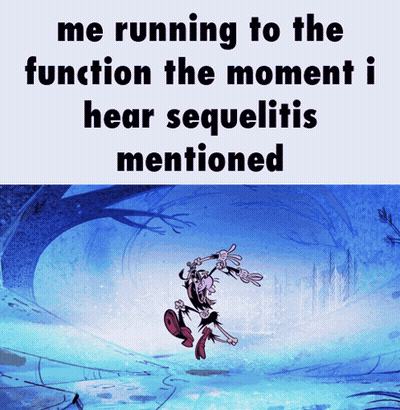 A Cartoon Character Is Running In The Snow With The Caption " Me Running To The Function The Moment I Hear Sequelitis Me GIF