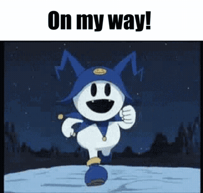 A Cartoon Character Is Running In The Snow With The Words On My Way GIF