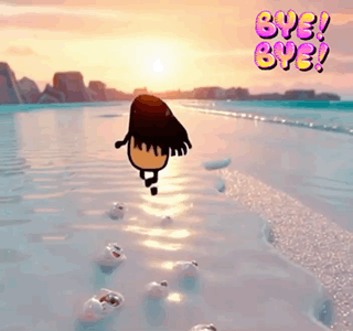 A Cartoon Character Is Running In The Water On A Beach With The Words Bye Bye Written On The Bottom . GIF