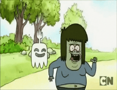 A Cartoon Character Is Running Next To A Ghost With A Fork . GIF
