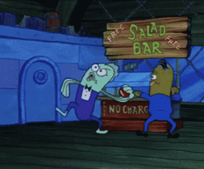 A Cartoon Character Is Running Towards A Salad Bar GIF