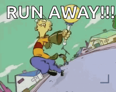 A Cartoon Character Is Running With A Balloon And Says Run Away GIF