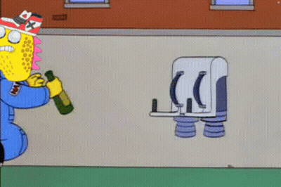 A Cartoon Character Is Running With A Bottle In His Hand And The Word Ns On His Chest . GIF