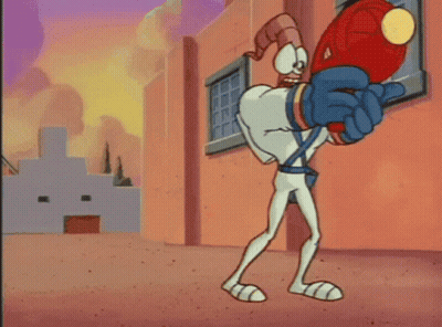 A Cartoon Character Is Running With A Flamethrower GIF