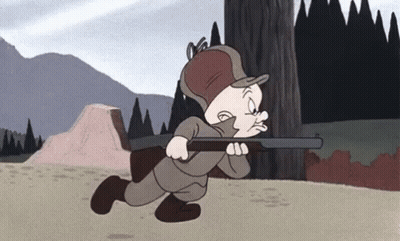 A Cartoon Character Is Running With A Shotgun In His Hand . GIF