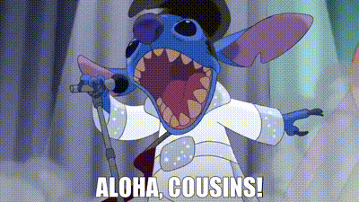 A Cartoon Character Is Singing Into A Microphone With The Words `` Aloha , Cousins '' Written Below Him . GIF