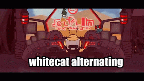A Cartoon Character Is Sitting At A Control Panel With The Words Whitecat Alternating Written On It . GIF