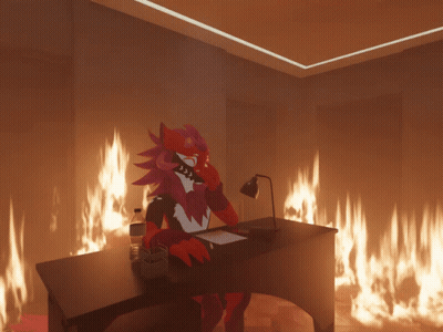 A Cartoon Character Is Sitting At A Desk In Front Of A Wall Of Fire GIF