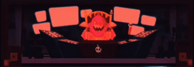 a cartoon character is sitting at a desk with a crown on it .
