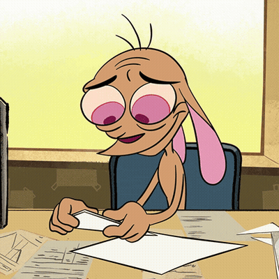 A Cartoon Character Is Sitting At A Desk With A Piece Of Paper In His Hand GIF