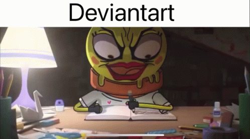 A Cartoon Character Is Sitting At A Desk With Deviantart Written On The Top GIF