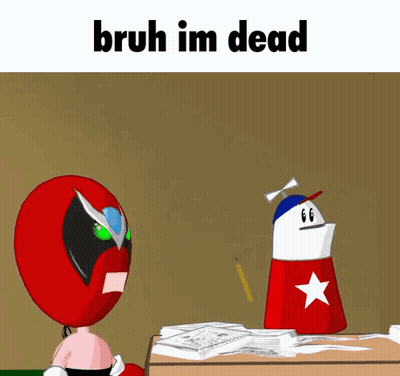 A Cartoon Character Is Sitting At A Desk With The Words Bruh Im Dead On The Top GIF