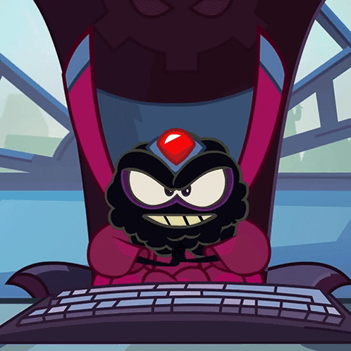 Cartoon Character Sitting At Keyboard With Red Jewel On Head GIF