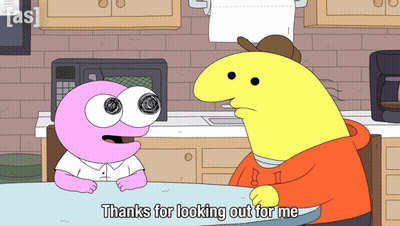 A Cartoon Character Is Sitting At A Table And Says Thanks For Looking Out For Me GIF