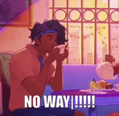 A Cartoon Character Is Sitting At A Table Drinking From A Cup With The Words No Way Written Below Him GIF