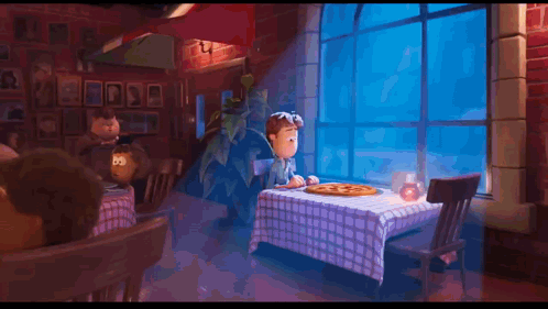 A Cartoon Character Is Sitting At A Table Eating A Pizza GIF