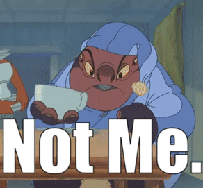A Cartoon Character Is Sitting At A Table Holding A Cup And Says Not Me GIF