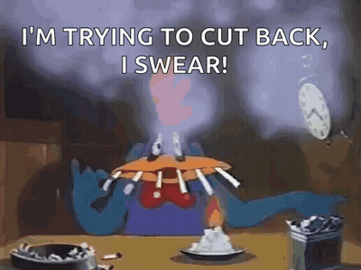 A Cartoon Character Is Sitting At A Table Holding A Plate Of Cigarettes . GIF