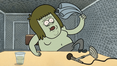 A Cartoon Character Is Sitting At A Table Holding A Watering Can GIF