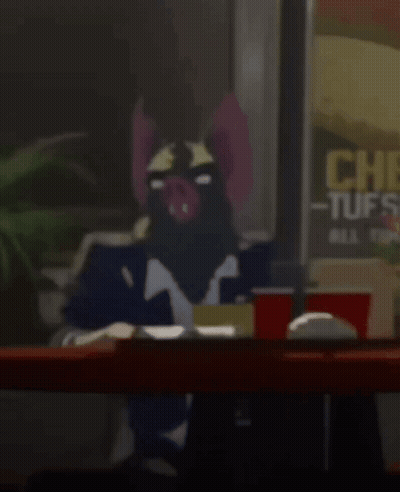 A Cartoon Character Is Sitting At A Table In Front Of A Sign That Says Chick-Fil-A Tuffs GIF