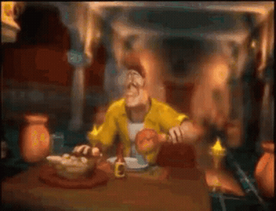 A Cartoon Character Is Sitting At A Table With A Bowl Of Food And A Bottle Of Sauce . GIF