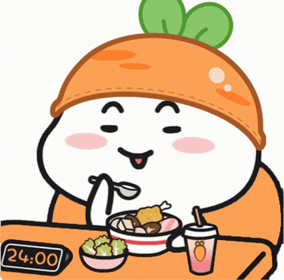 A Cartoon Character Is Sitting At A Table With A Bowl Of Food And A Clock That Reads 24:00 GIF
