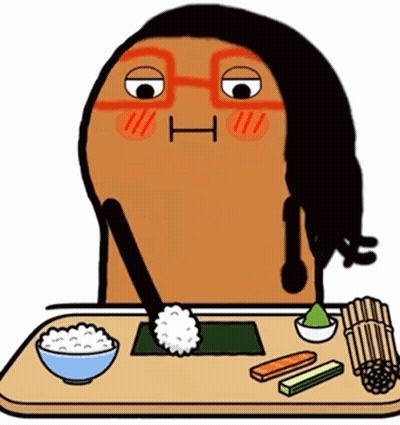 A Cartoon Character Is Sitting At A Table With A Bowl Of Rice And A Bowl Of Vegetables GIF