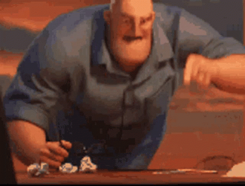 A Cartoon Character Is Sitting At A Table With A Bunch Of Crumpled Paper . GIF
