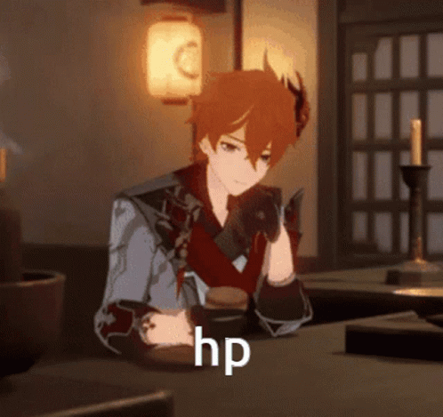 A Cartoon Character Is Sitting At A Table With A Cup Of Coffee And The Word Hp Written On It GIF