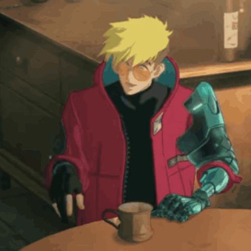 A Cartoon Character Is Sitting At A Table With A Cup Of Coffee In Front Of Him . GIF