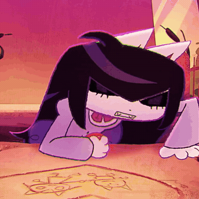 A Cartoon Character Is Sitting At A Table With A Drawing Of A Cat On It GIF