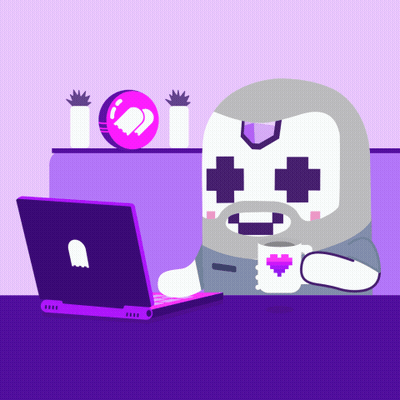 A Cartoon Character Is Sitting At A Table With A Laptop And A Cup Of Coffee GIF