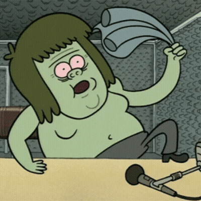 A Cartoon Character Is Sitting At A Table With A Microphone And Pouring Water On His Head GIF