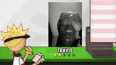 A Cartoon Character Is Sitting At A Table With A Picture Of Travis GIF