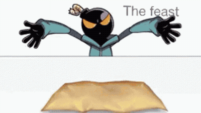 A Cartoon Character Is Sitting At A Table With A Plate Of Food . GIF