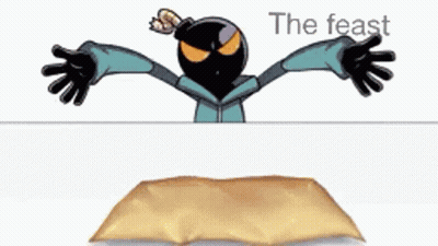 A Cartoon Character Is Sitting At A Table With A Plate Of Food . GIF