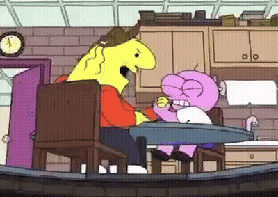 A Cartoon Character Is Sitting At A Table With Another Character GIF