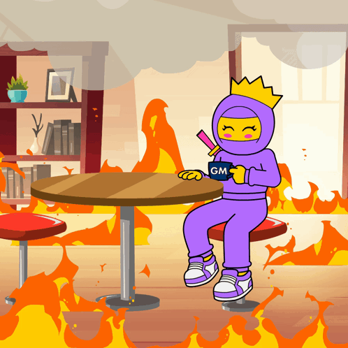 A Cartoon Character Is Sitting At A Table With Gm Written On Her Hoodie GIF